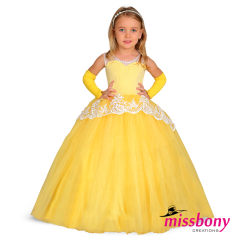 Girls' yellow evening dress, white lace, LINDA