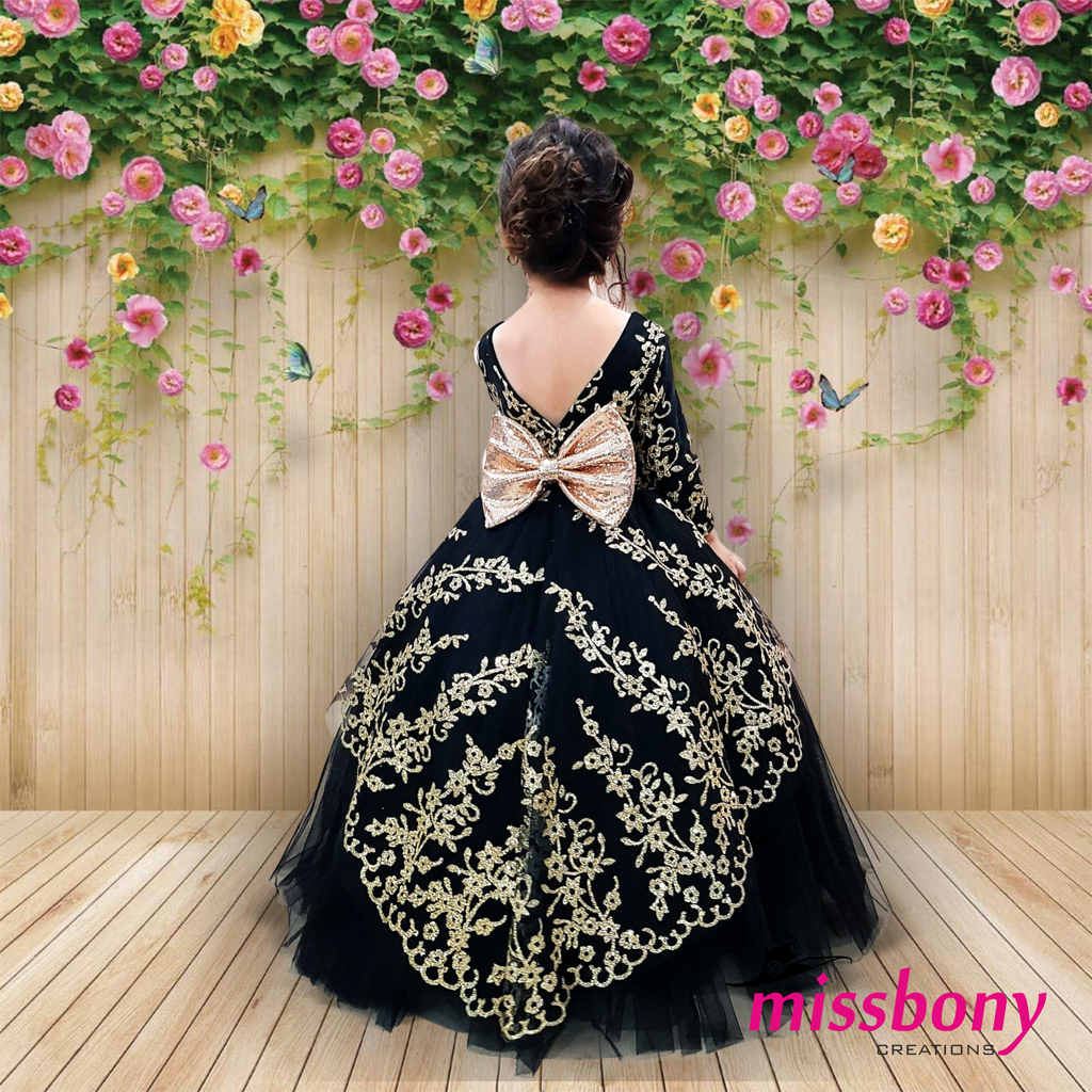 Childdrens' black evening dress, gold sequin, puffy, SCARLETT