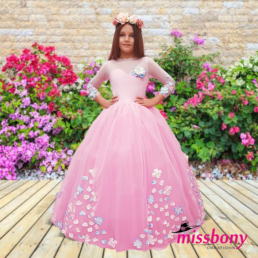 Pembe, çiçekli kız çocuk abiye elbise ROSA